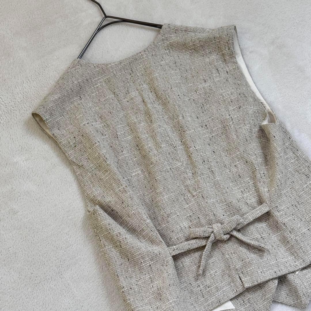 IENAイエナ　ツイードテーラードベスト　ノースリーブ　リボン　ベージュ