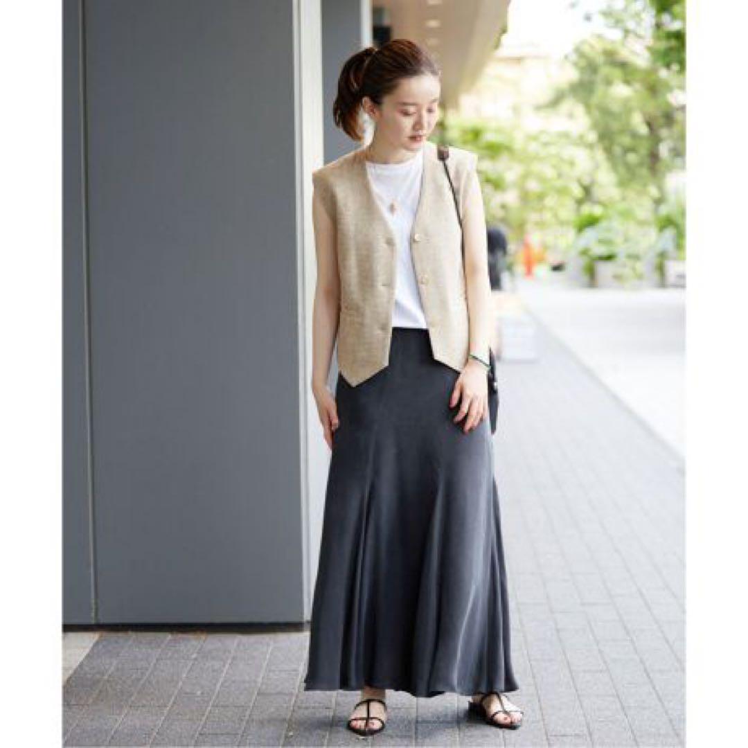 IENAイエナ　ツイードテーラードベスト　ノースリーブ　リボン　ベージュ