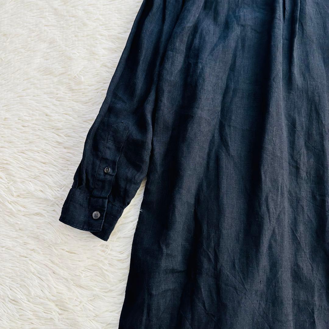 フィナモレ イタリア製 リネン100% ロゴ刺繍 シャツワンピース ネイビー L