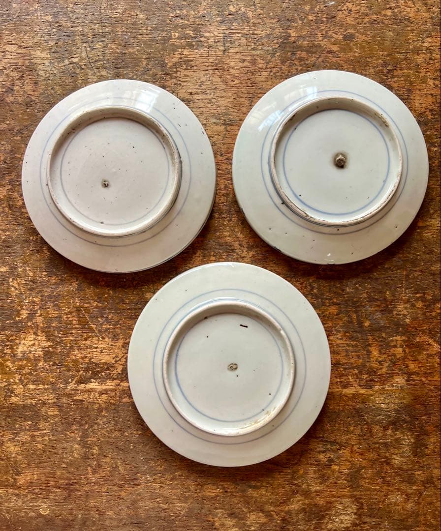 時代　古染付　雁の図　傷３枚セット　古伊万里　染付　食器　金直し練習用　古道具