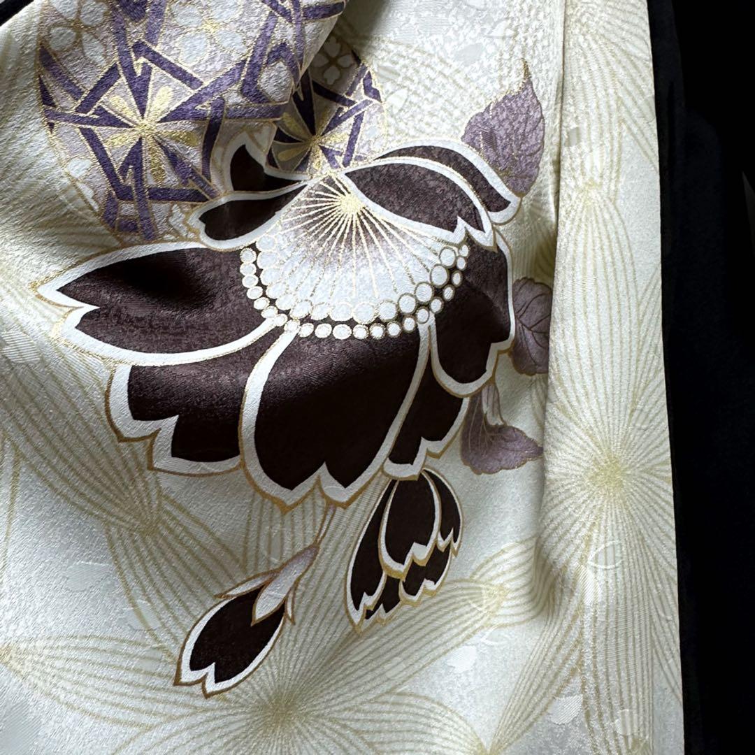 振袖　着物リメイク　ドレス　黒×桜や手毬　和柄　ワンピース　ハンドメイド