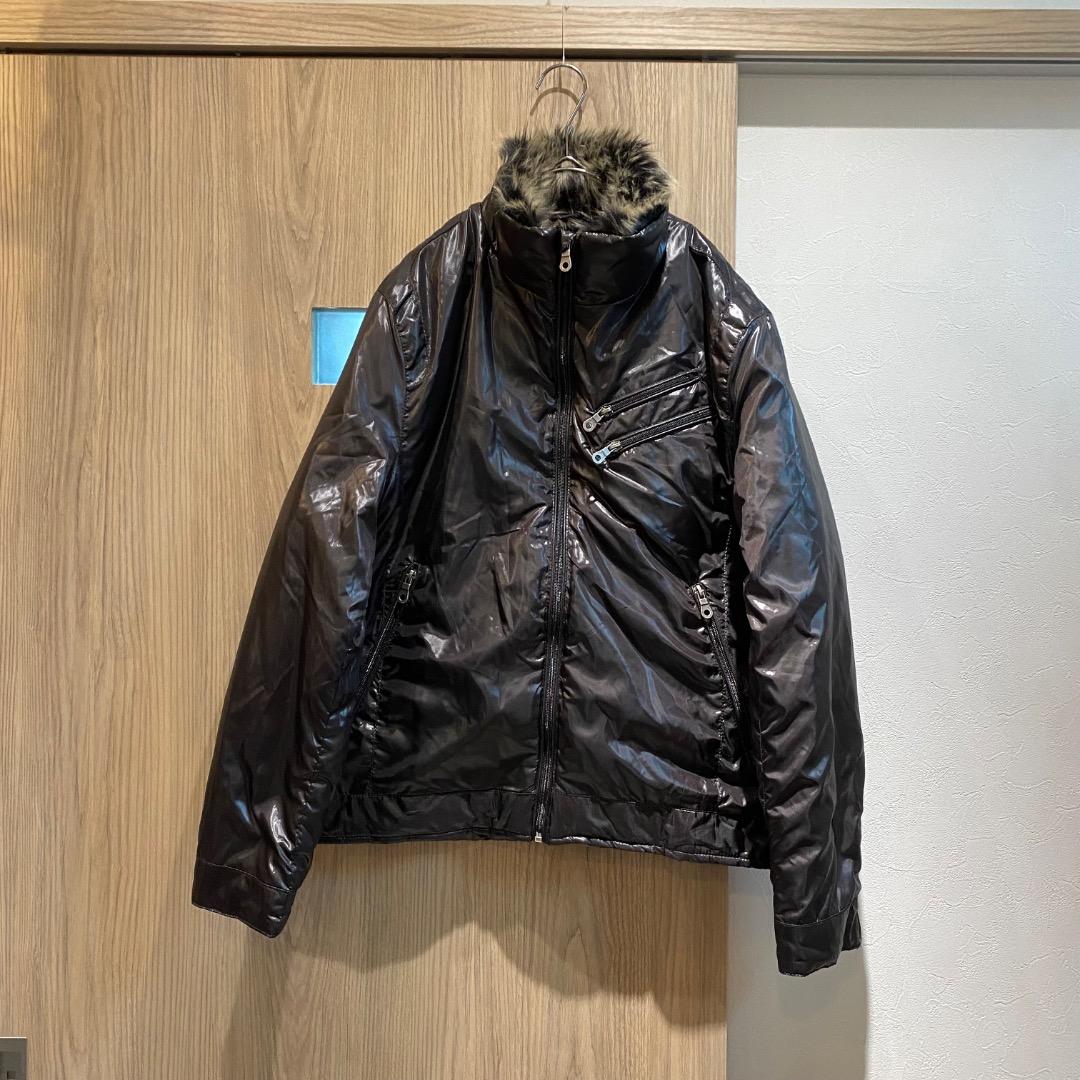 ネオお兄系 y2k アーカイブ 光沢 ファー 中綿 シングルライダースジャケット