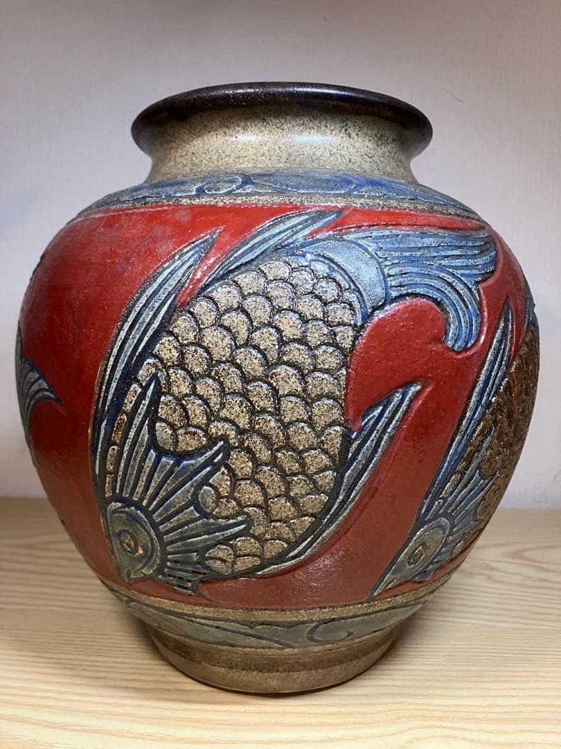 小橋川清正 壺屋焼 赤絵 魚紋 壷 花瓶 花入 花生 沖縄