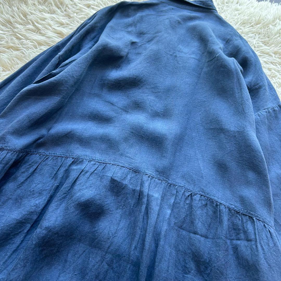 イチアンティークス インディゴ リネン シャツワンピース ギャザー切替 藍染