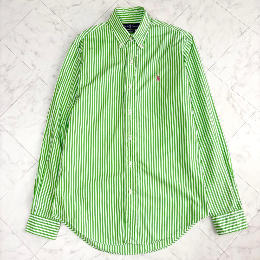 【ラルフローレン】ストライプシャツ　ポニーロゴ　コットン　黄緑　白　Y2K