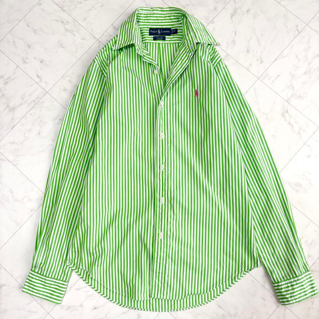 【ラルフローレン】ストライプシャツ　ポニーロゴ　コットン　黄緑　白　Y2K