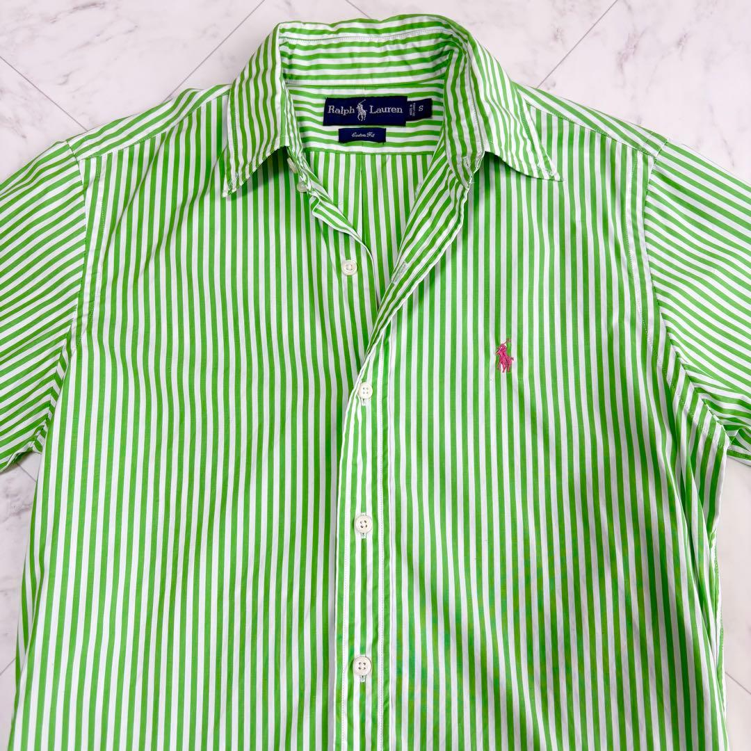 【ラルフローレン】ストライプシャツ　ポニーロゴ　コットン　黄緑　白　Y2K