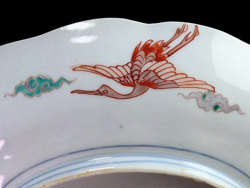 古伊万里　金襴手　色絵　鶴に菊　赤壁の賦図　８寸皿　C719AS-CZs