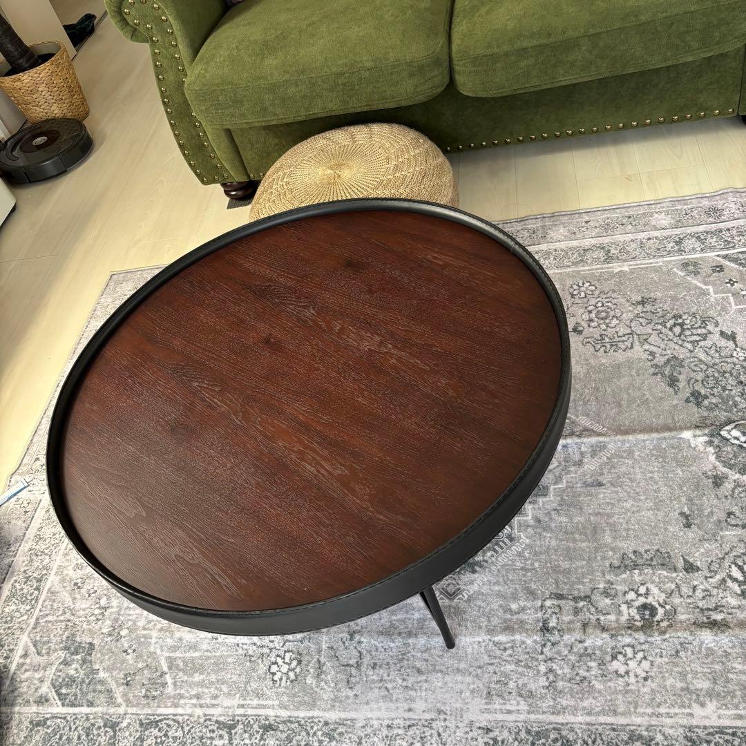 マルー リビング テーブル 丸型 ウッド ブラウン レザー