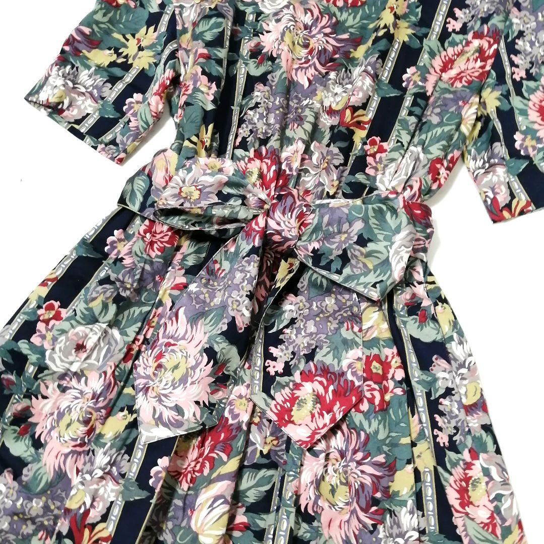 極美品✨ バーバリー　ロングワンピ―ス　花柄　総柄　リボン　9　フレア　Aライン