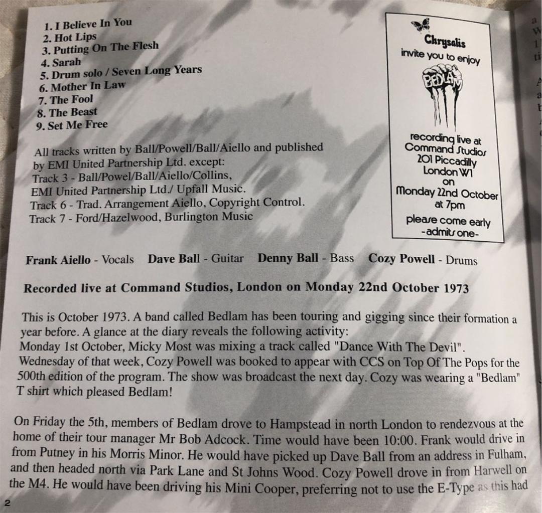 洋楽 BEDLAM/ LIVE IN LONDON 1973/ COZY POWELL
