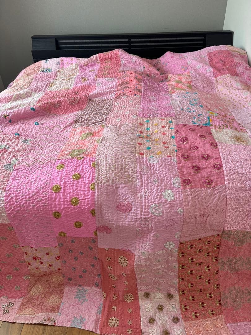 インド刺繍ラリーキルト ビンテージサリー カンタキルト マルチカバー 大判