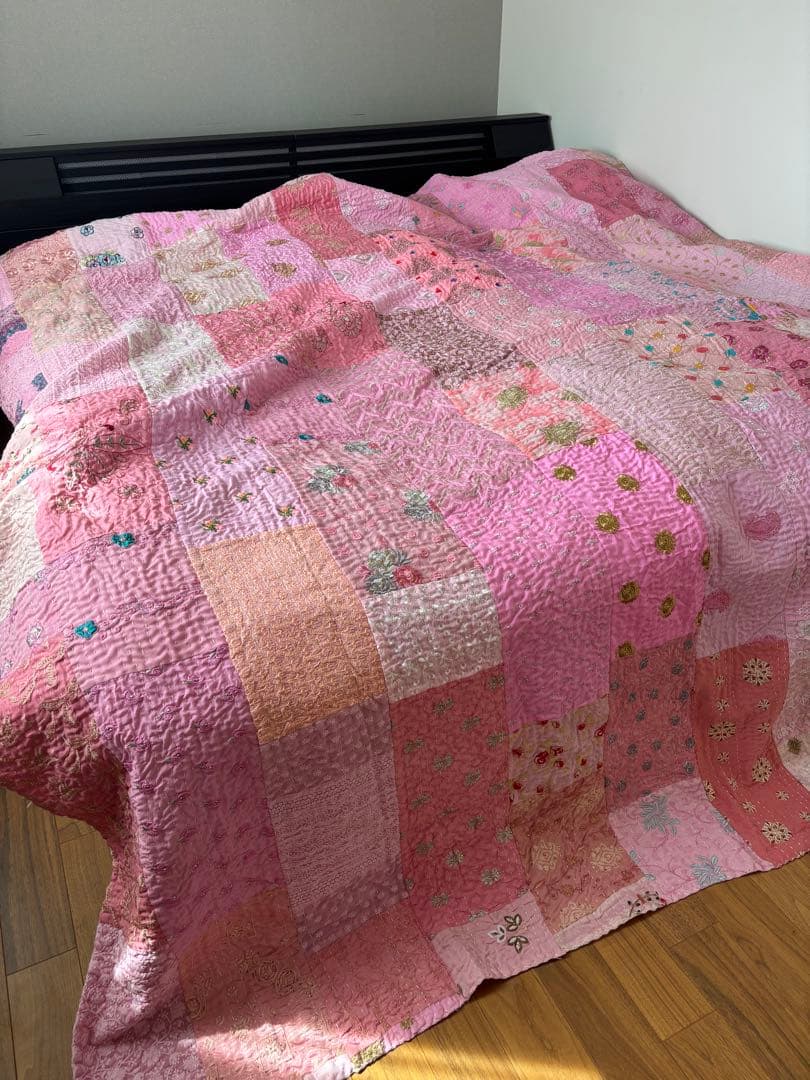 インド刺繍ラリーキルト ビンテージサリー カンタキルト マルチカバー 大判