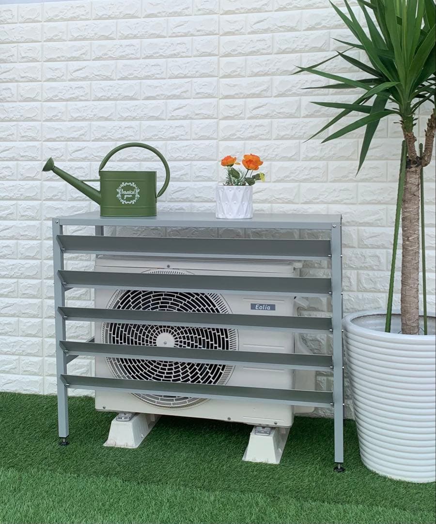 スチール製 エアコン室外機カバー排気ルーバー方向可調整 (Mサイズーライトグレー