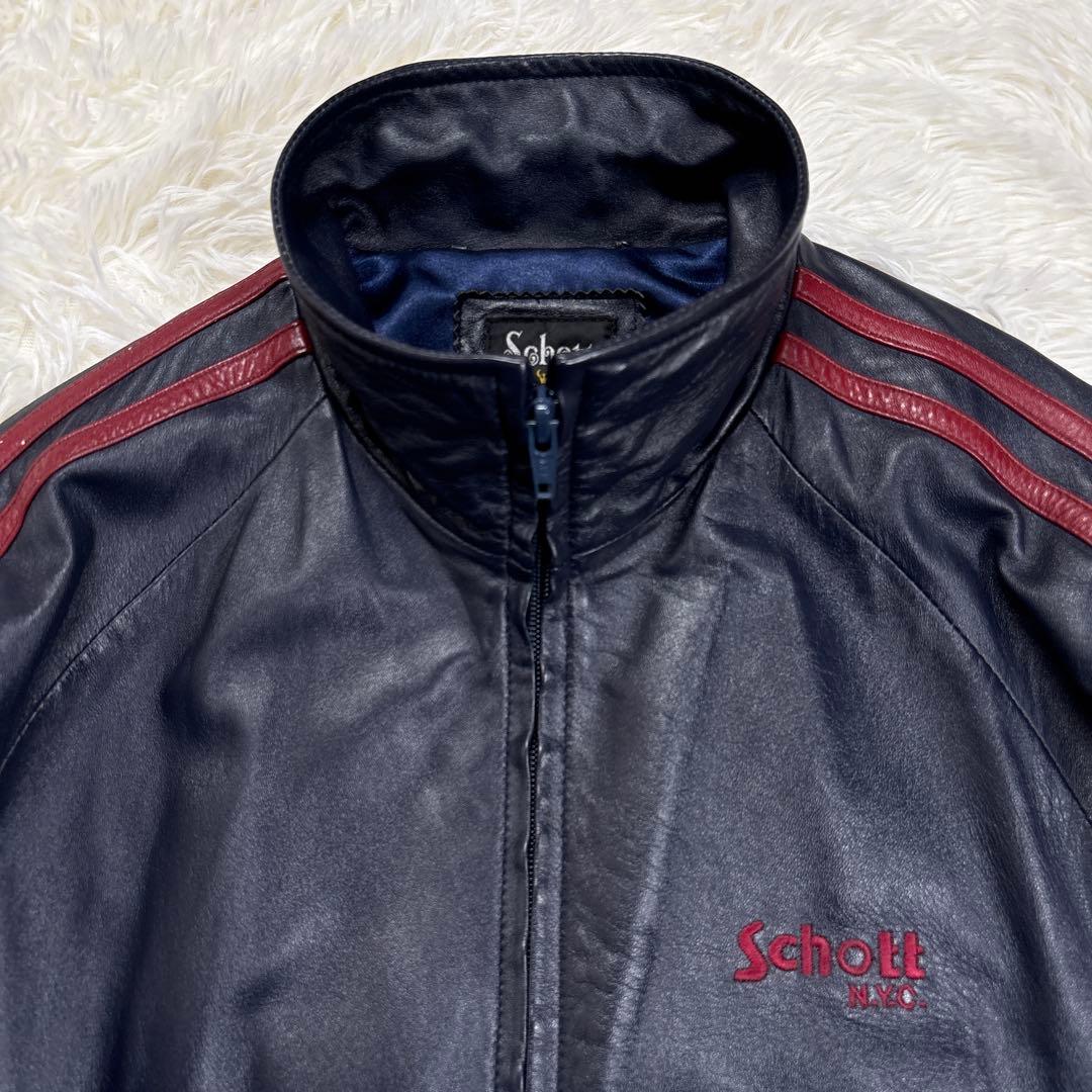 ✨希少・ラムレザー✨ショット　トラックジャケット　トラッカー　ロゴ刺繍　濃紺　M