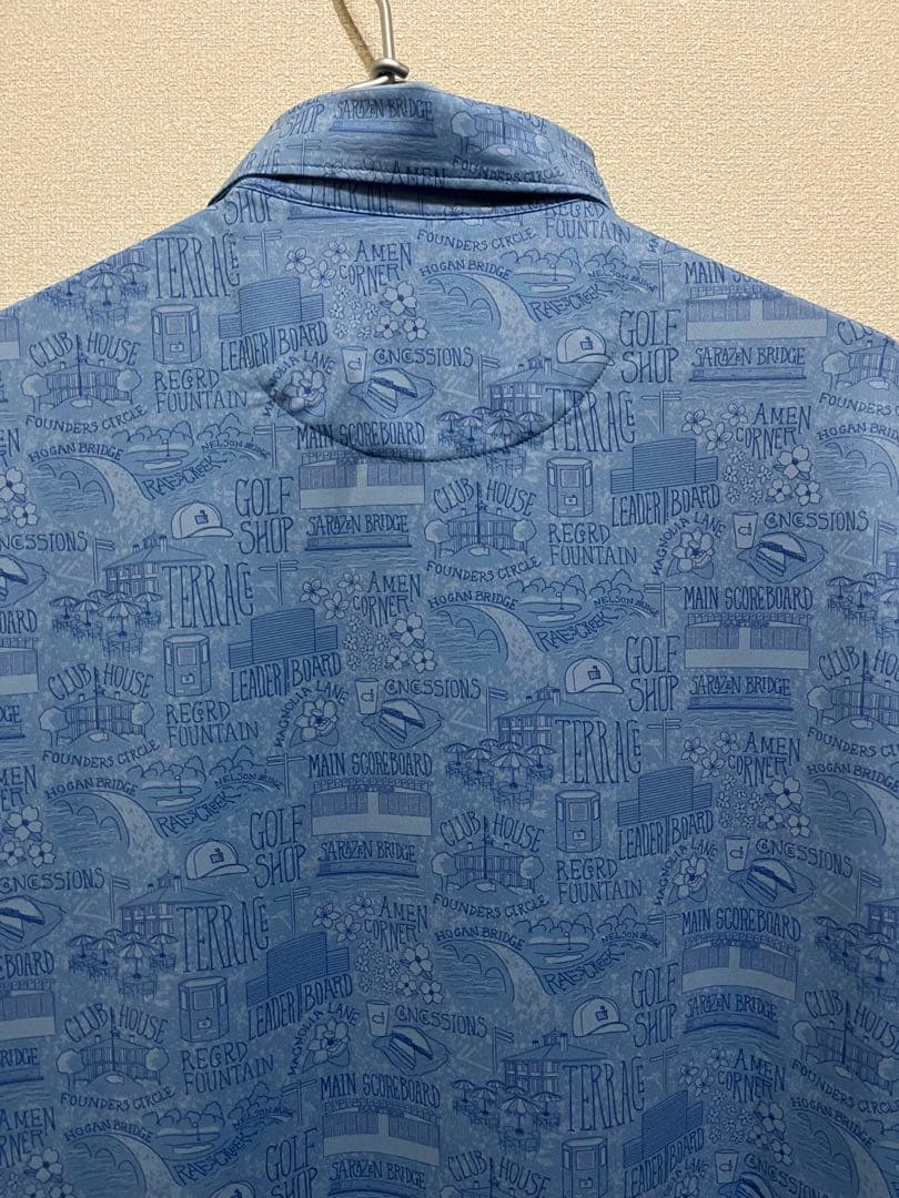 新品タグ付 マスターズ公式 ポロシャツ S 水色 総柄 ストレッチ ゴルフ 希少