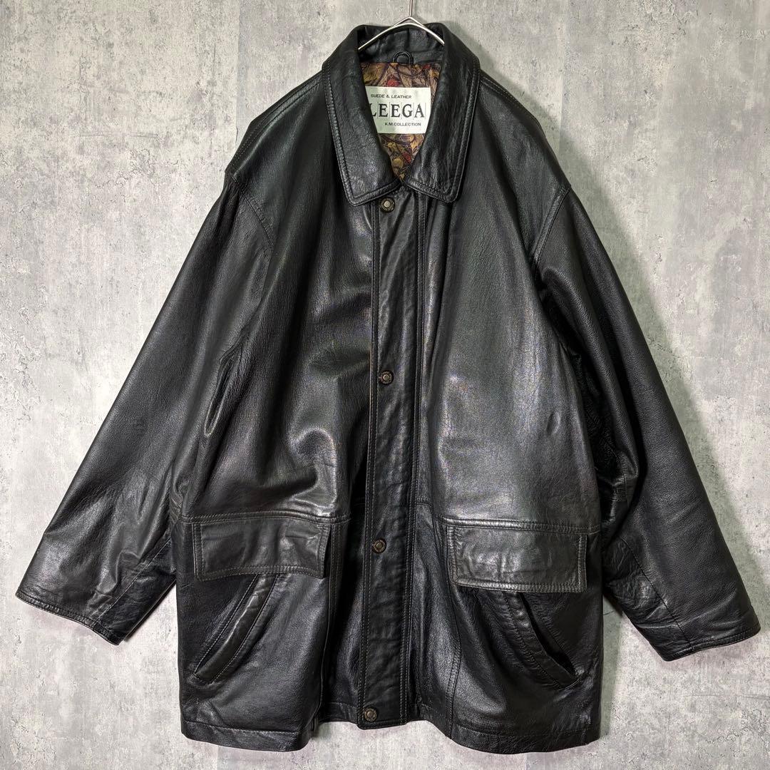 羊革 レザー カーコート 裏地総柄 黒 ヴィンテージ