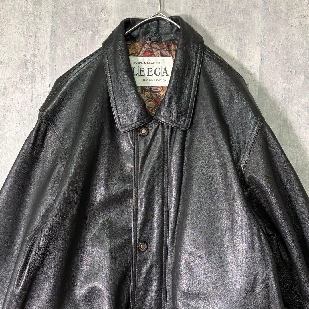 羊革 レザー カーコート 裏地総柄 黒 ヴィンテージ