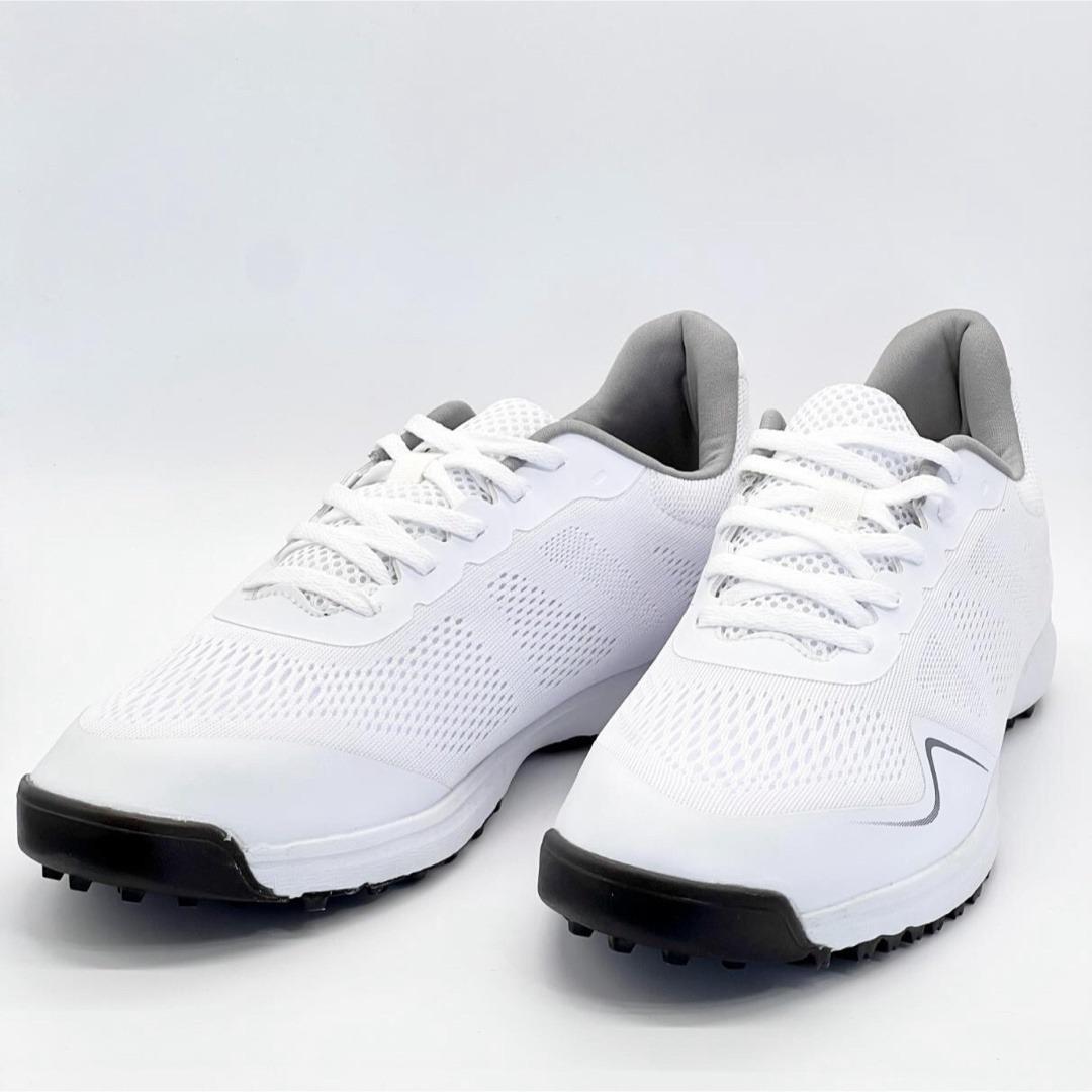 メンズ ゴルフシューズ 26.5cm スパイク付き 軽量 通気性 ホワイト 白