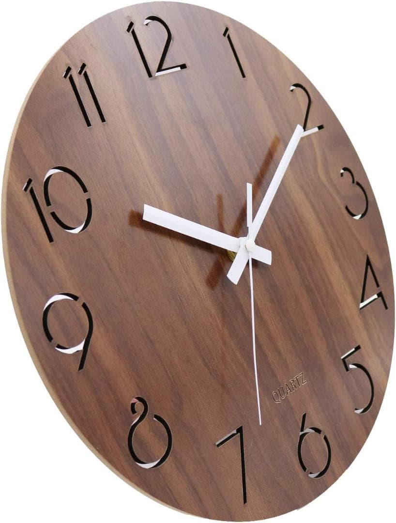 壁掛け時計 木製 サイレント連続秒針 透かし彫り アナログ 掛け時計