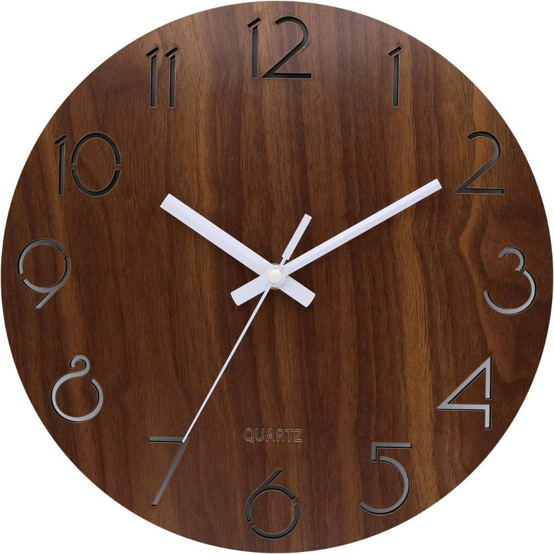 壁掛け時計 木製 サイレント連続秒針 透かし彫り アナログ 掛け時計