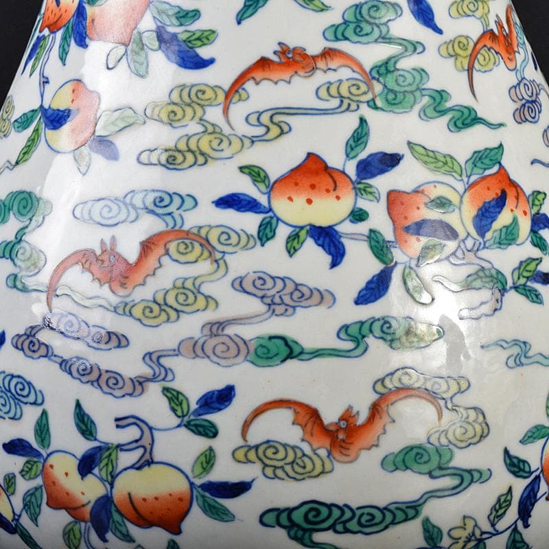 中国　大清雍正年製款　色絵　桃蝙蝠図　花生　時代箱付　M　R7657B