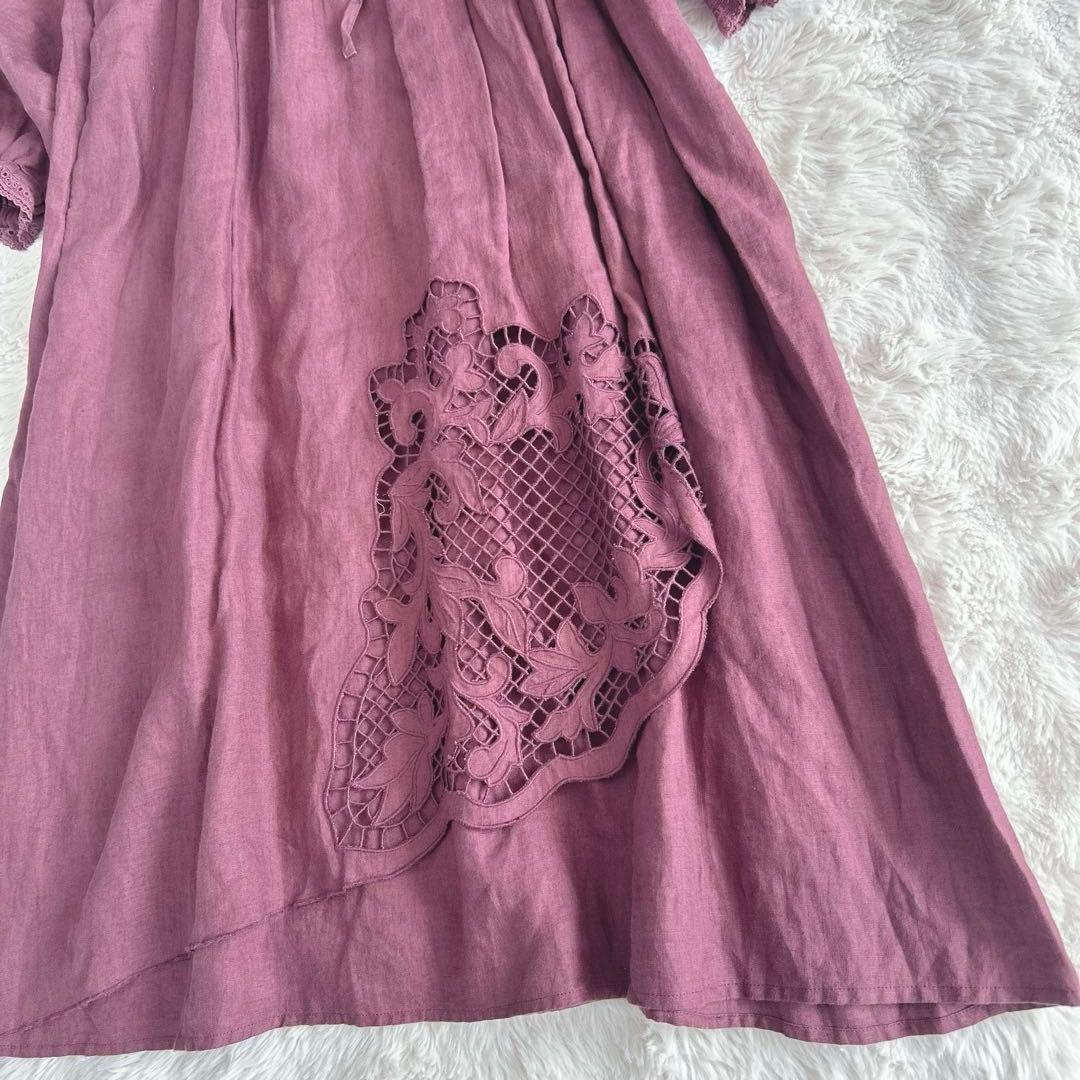 ツハルバイサマンサモスモス★ リネン裾刺繍レースワンピース　ケミカルレース