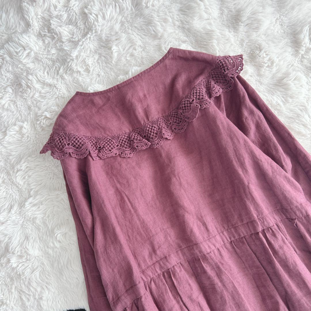 ツハルバイサマンサモスモス★ リネン裾刺繍レースワンピース　ケミカルレース