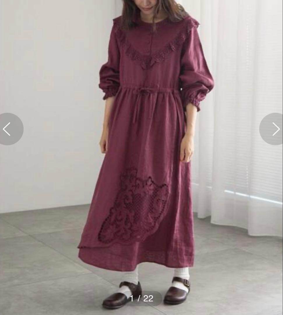 ツハルバイサマンサモスモス★ リネン裾刺繍レースワンピース　ケミカルレース