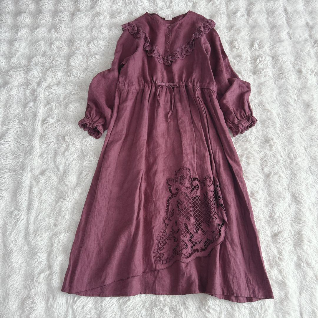 ツハルバイサマンサモスモス★ リネン裾刺繍レースワンピース　ケミカルレース