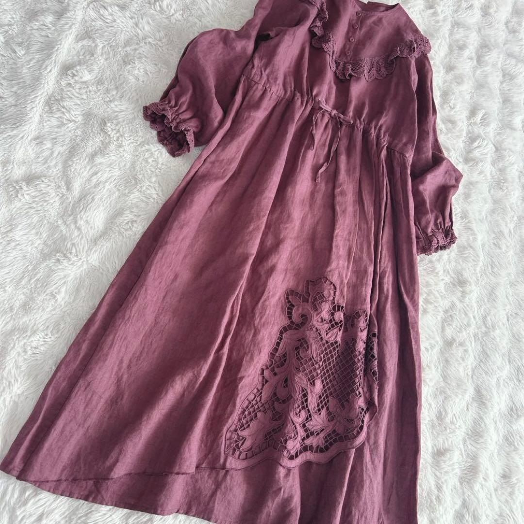 ツハルバイサマンサモスモス★ リネン裾刺繍レースワンピース　ケミカルレース