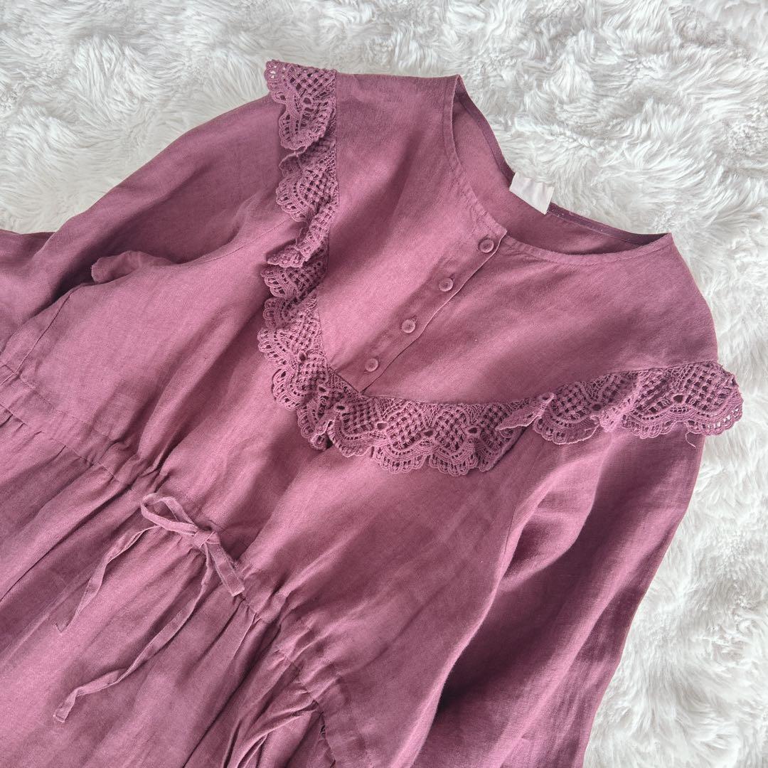 ツハルバイサマンサモスモス★ リネン裾刺繍レースワンピース　ケミカルレース