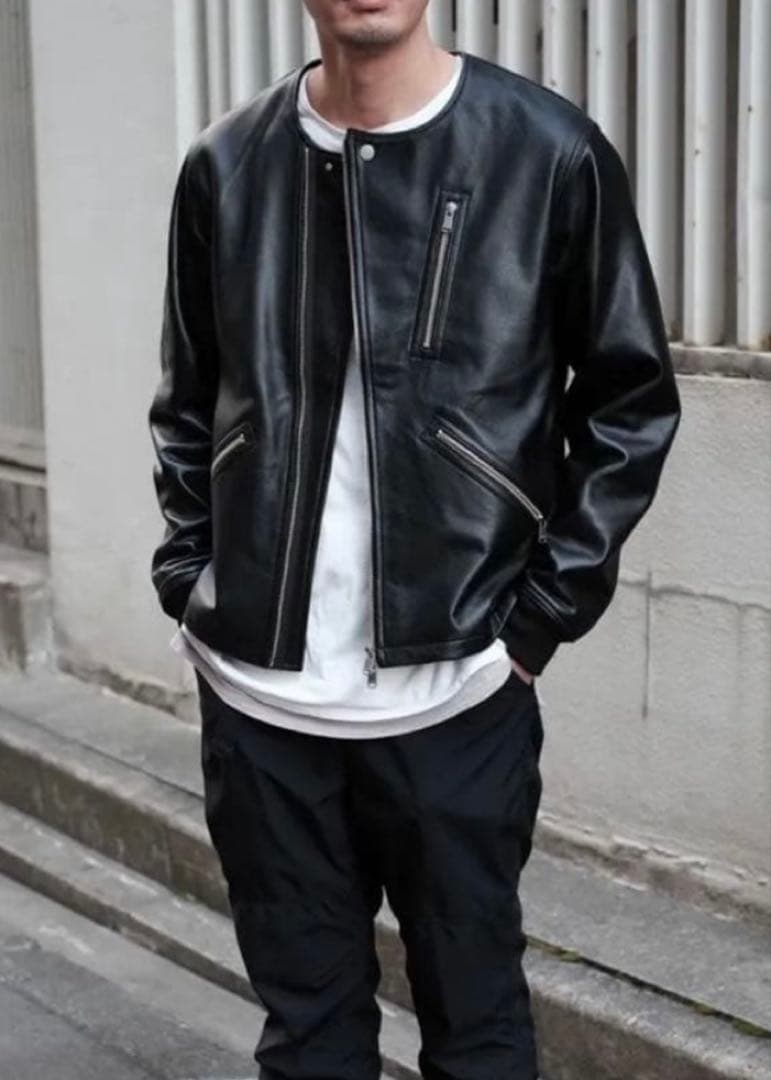 ノンネイティブRIDER BLOUSON牛革2黒ノーカラーライダース