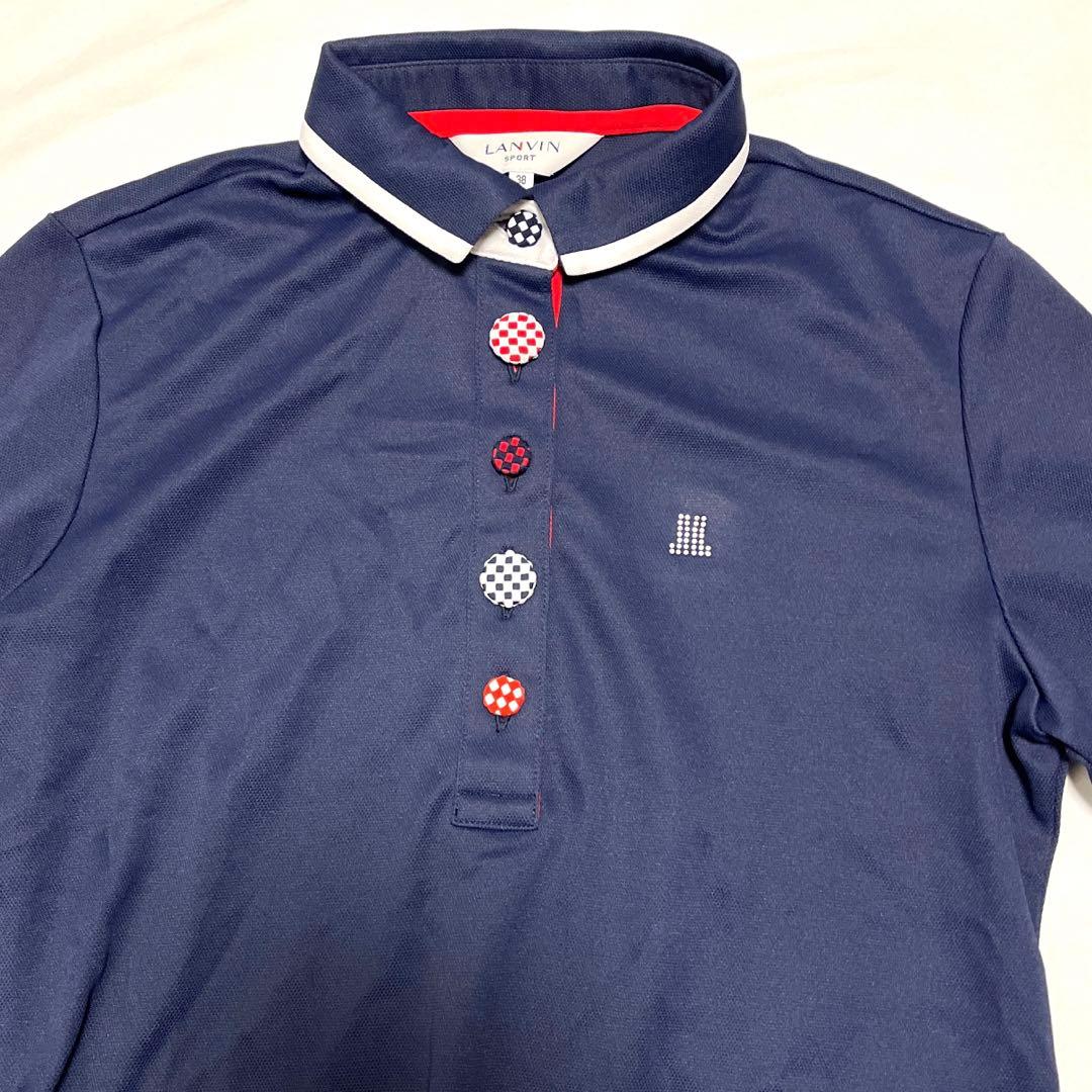 【LANVIN SPORT】長袖　ポロシャツ M 紺赤白　飾りボタン　ゴルフ
