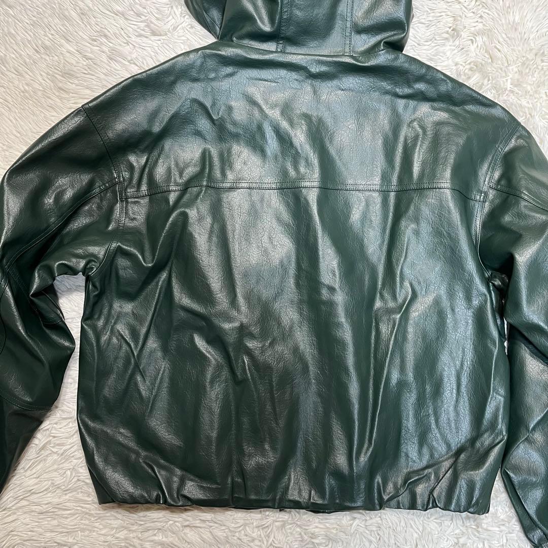 希少カラー✨️ZARA ザラ フード付きフェイクレザージャケット　グリーン　XL