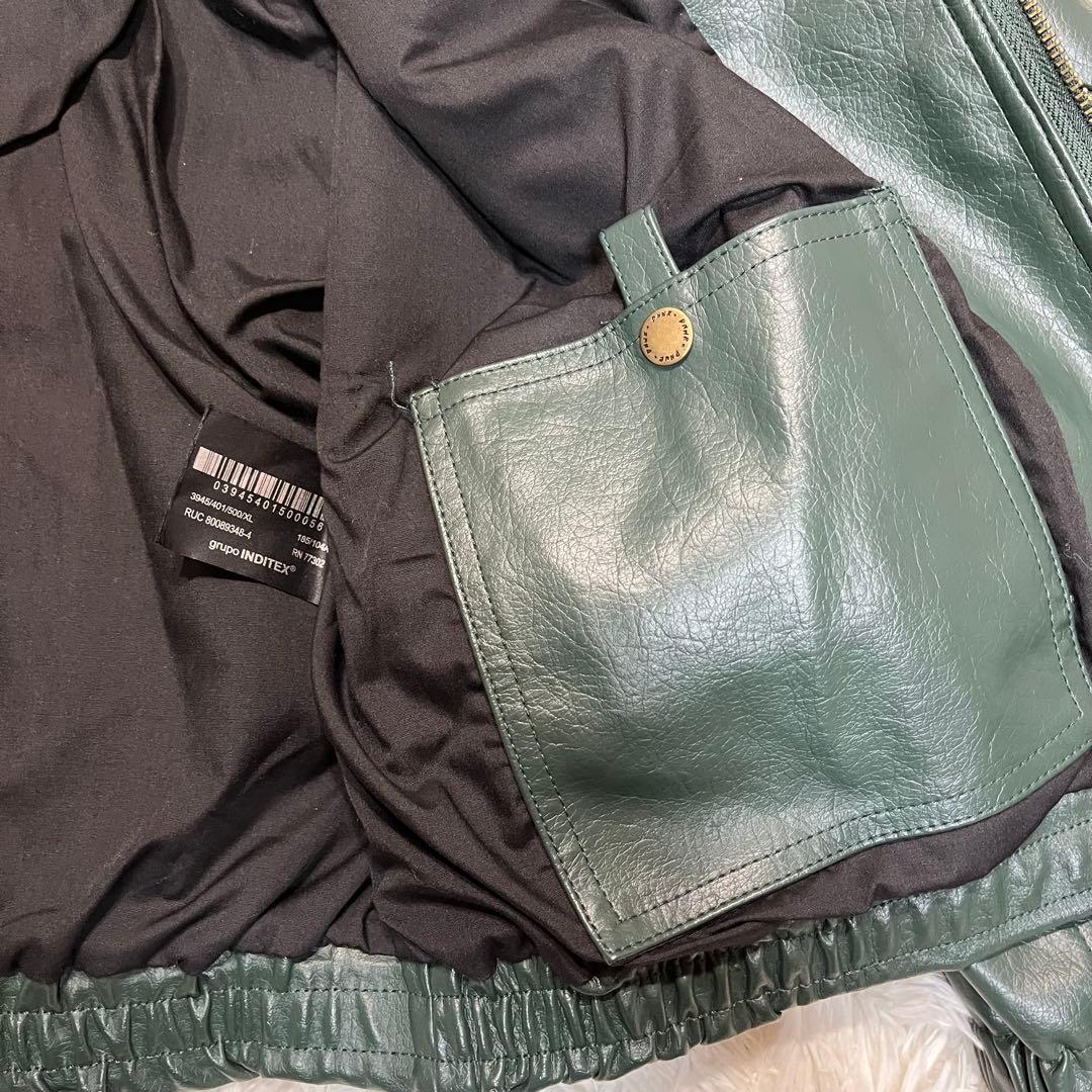 希少カラー✨️ZARA ザラ フード付きフェイクレザージャケット　グリーン　XL