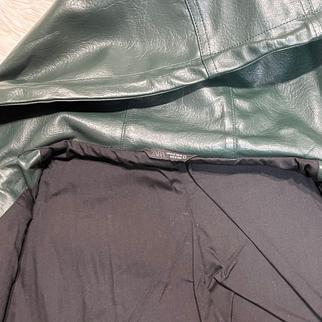 希少カラー✨️ZARA ザラ フード付きフェイクレザージャケット　グリーン　XL