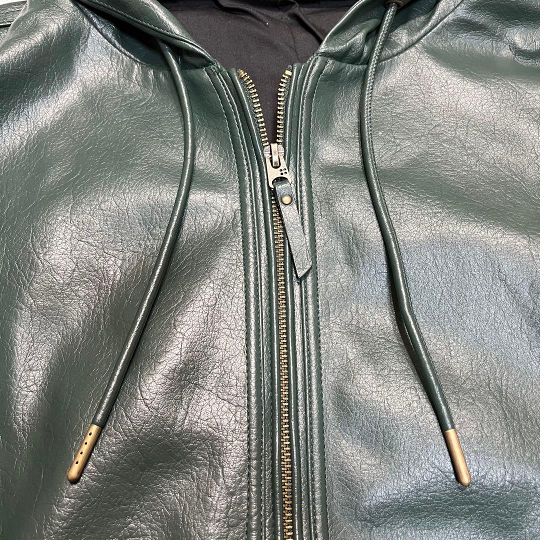 希少カラー✨️ZARA ザラ フード付きフェイクレザージャケット　グリーン　XL