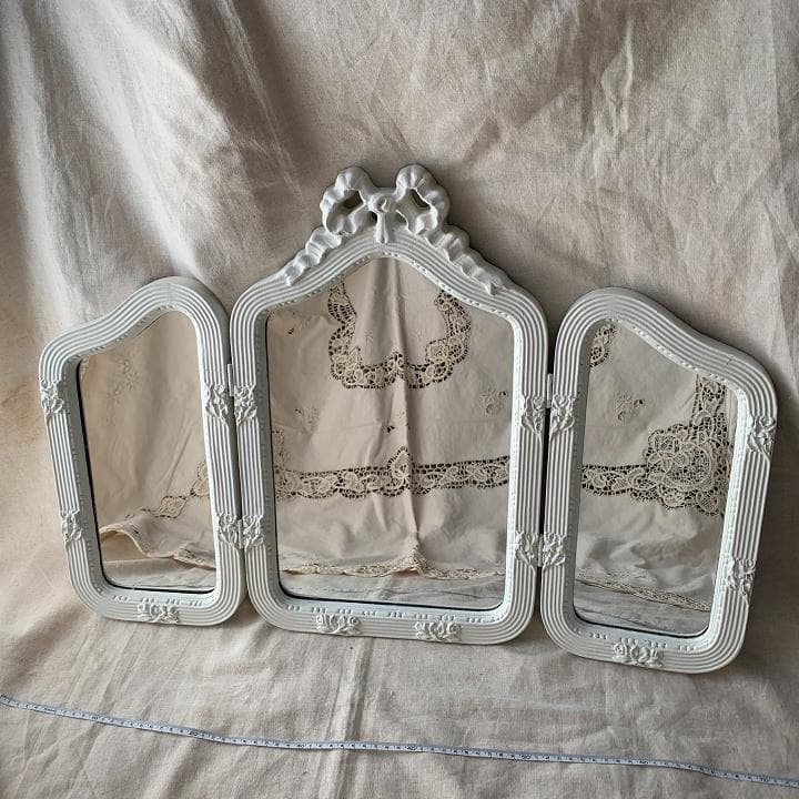 リボン　三面鏡　ドレッサー　卓上　アンティークヴィンテージ 白ホワイト