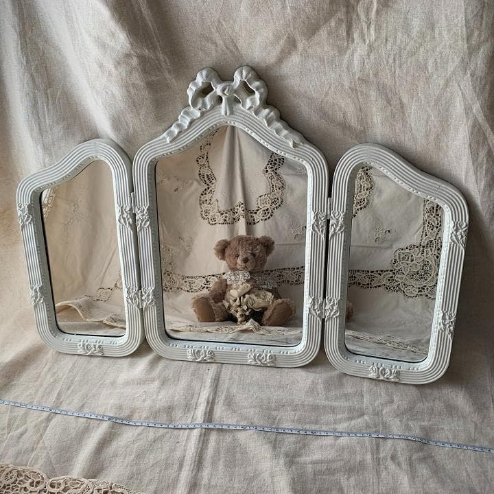 リボン　三面鏡　ドレッサー　卓上　アンティークヴィンテージ 白ホワイト