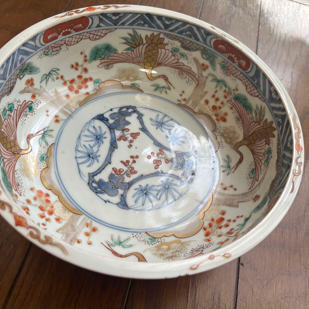 最終処分特価力作古伊万里色絵大きな深鉢鶴二重底おめでたい絵柄中も外も絵付けが最高