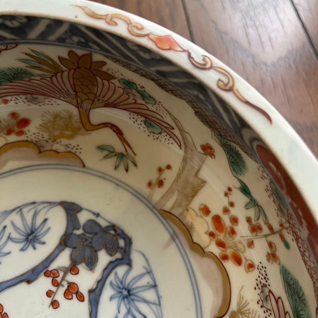 最終処分特価力作古伊万里色絵大きな深鉢鶴二重底おめでたい絵柄中も外も絵付けが最高