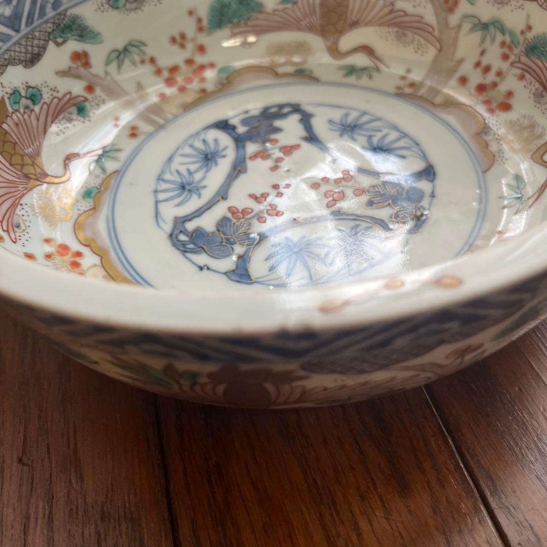 最終処分特価力作古伊万里色絵大きな深鉢鶴二重底おめでたい絵柄中も外も絵付けが最高