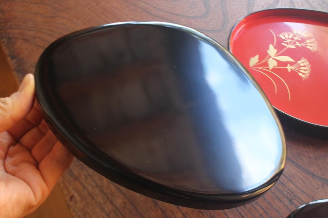 デッドストック！優美な秋草蒔絵の映える蛤形銘々皿5点（検輪島塗蒔絵皿小皿