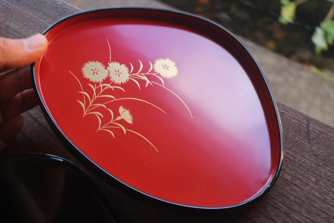 デッドストック！優美な秋草蒔絵の映える蛤形銘々皿5点（検輪島塗蒔絵皿小皿