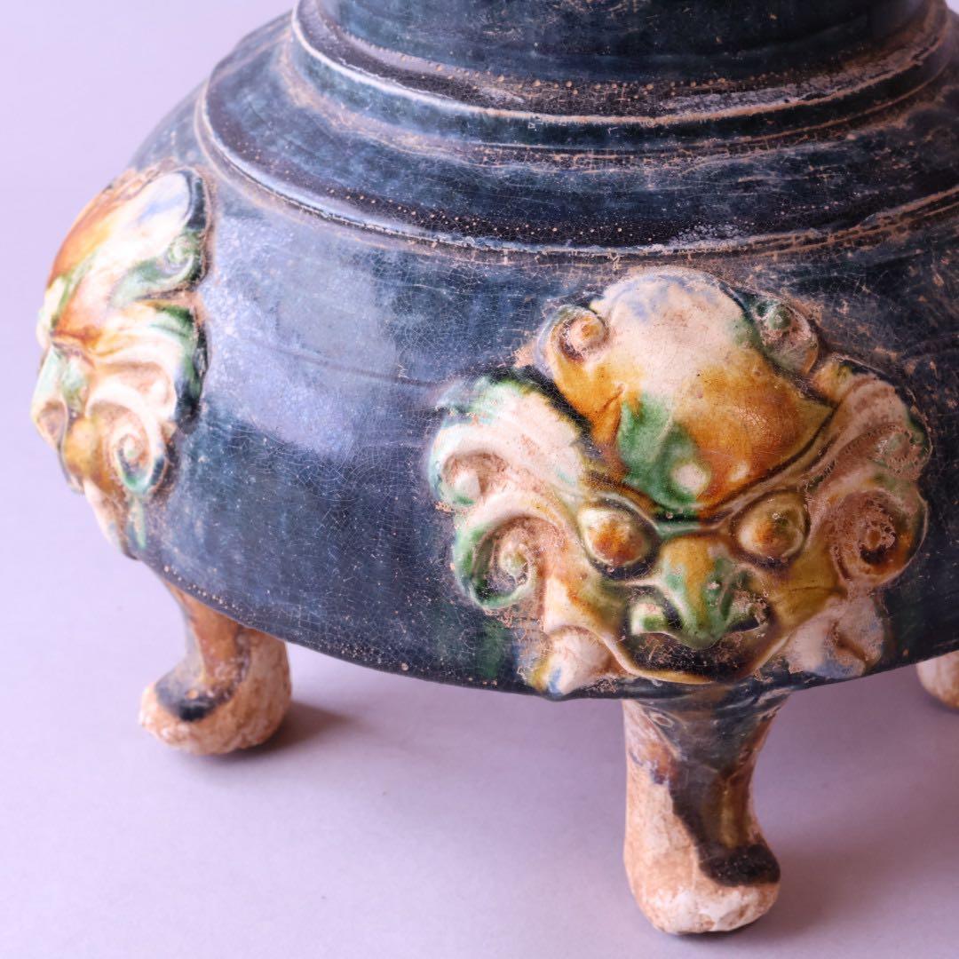 時代物 唐三彩藍釉壷 木箱付