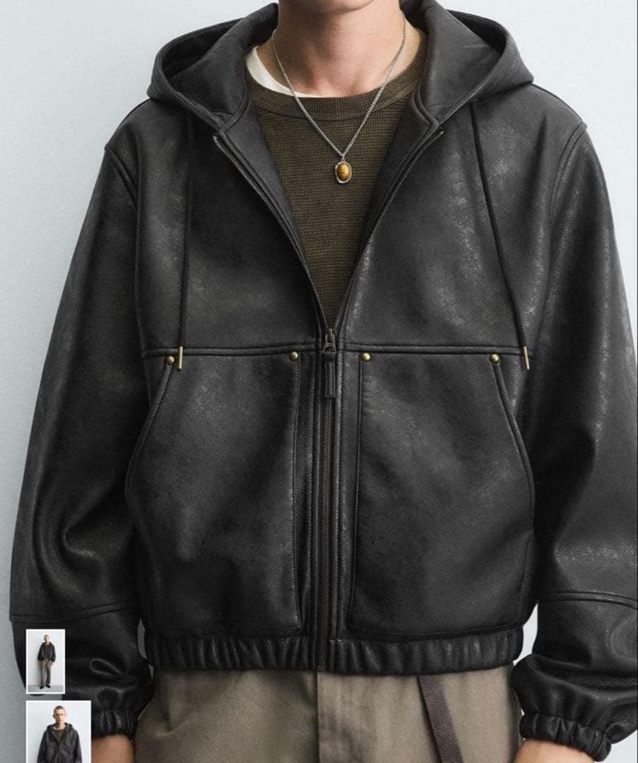廣*孝様 ZARA レザーパーカー　フーデッド　ジャケット