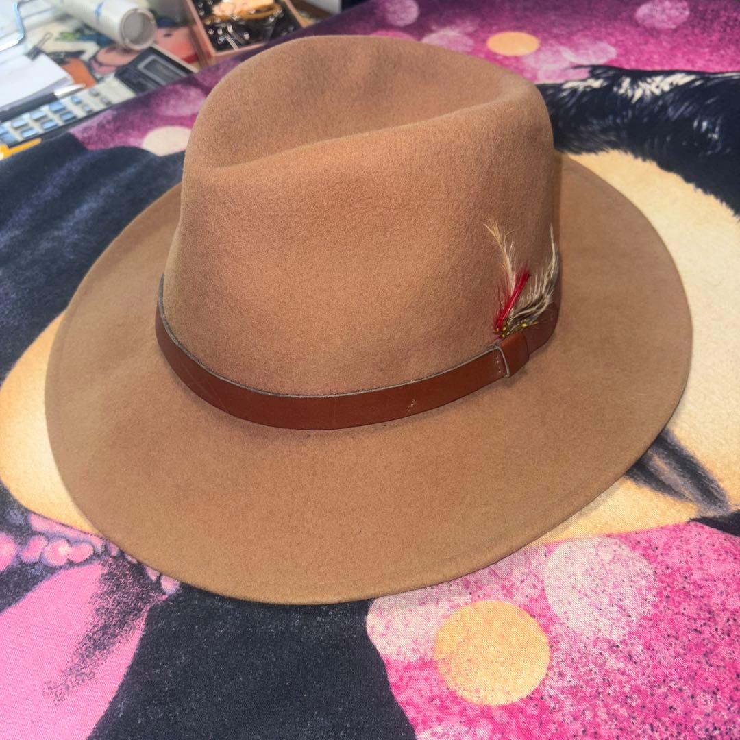 米国製 キャメル ウールフェルト ハット 羽根付き