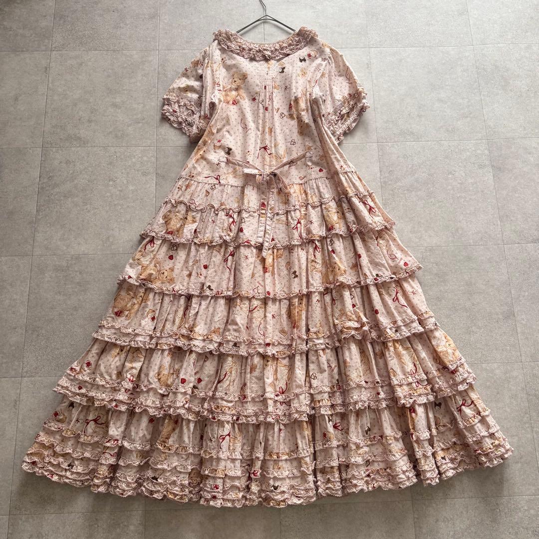 ピンクハウス　ロングワンピース　段々ティアード　テディベア　ピコフリル　リボン