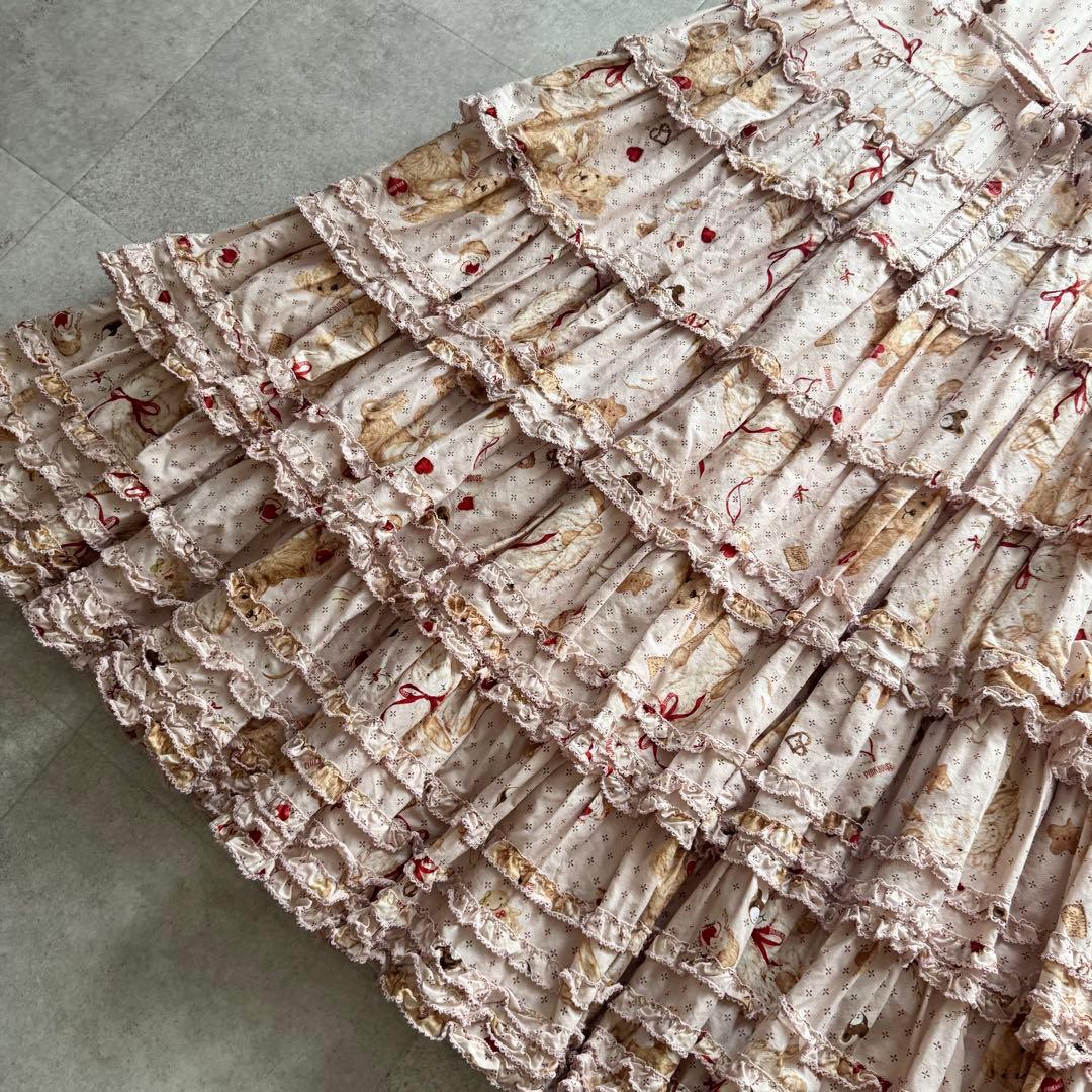 ピンクハウス　ロングワンピース　段々ティアード　テディベア　ピコフリル　リボン